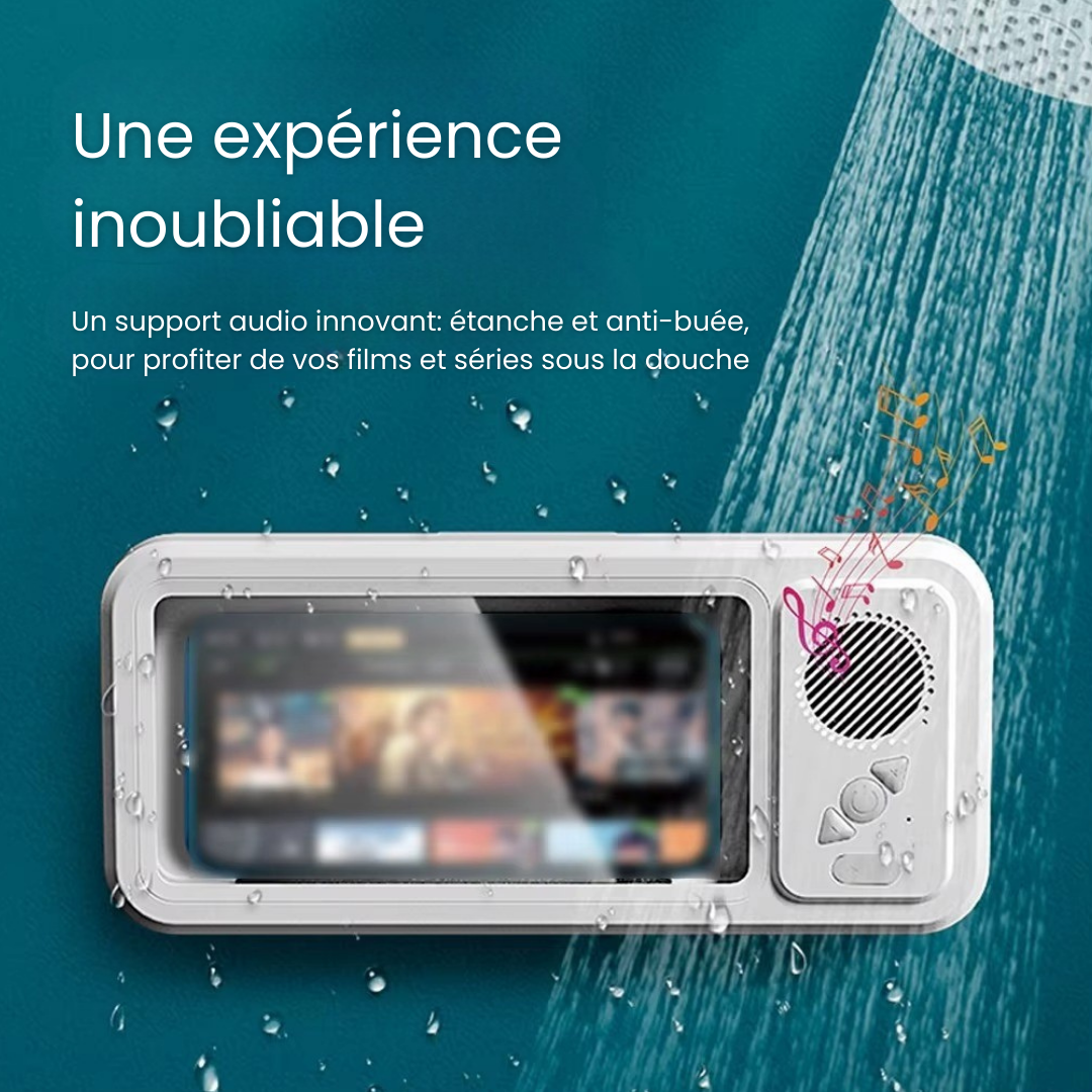 AquaClip® - Support Téléphone de Douche Étanche avec Haut-Parleur Bluetooth