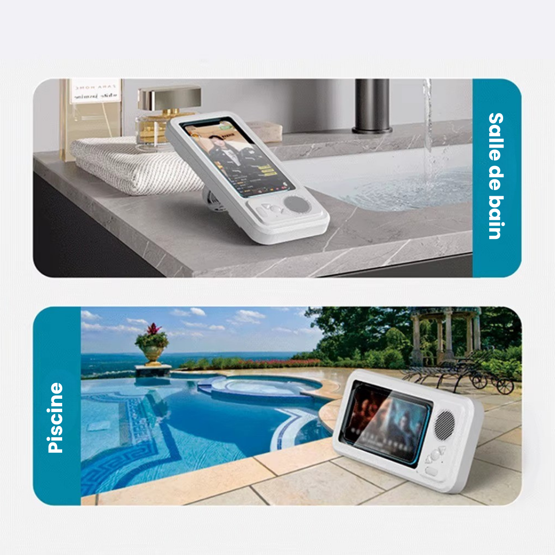 AquaClip® - Support Téléphone de Douche Étanche avec Haut-Parleur Bluetooth